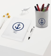 BK Gift Kişiye Özel Çapa Tasarımlı Beyaz Defter Kalem ve Kalemlik Hediye Seti - Model 1