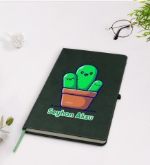 Kişiye Özel Kaktüs Tasarımlı Yeşil Termo Deri Defter Model 3