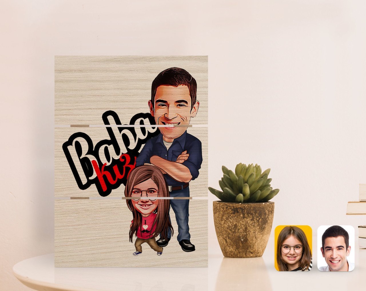 Kişiye Özel Baba Kız Karikatürlü Otantik Masaüstü Ahşap Palet Çerçeve-3