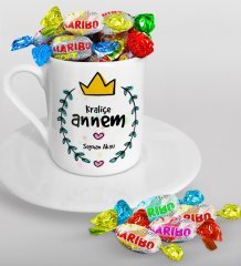 Kişiye Özel Kraliçe Annem Tasarımlı Türk Kahvesi Fincanı ve Haribo Şeker Hediye Seti-1