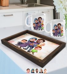 Kişiye Özel Aile Karikatürlü Doğal Ahşap Tepsi ve 2’li Kupa Bardak Seti-8