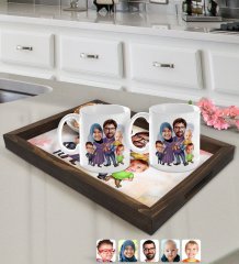 Kişiye Özel Aile Karikatürlü Doğal Ahşap Tepsi ve 2’li Kupa Bardak Seti-8