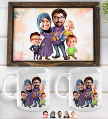 Kişiye Özel Aile Karikatürlü Doğal Ahşap Tepsi ve 2’li Kupa Bardak Seti-8