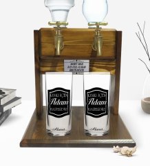 Kişiye Özel Renkli Baskılı Rakı İçen Adam Tasarımlı İkili Rakı Bardağı ve Çift Musluklu Doğal Ahşap Rakı Standı-1