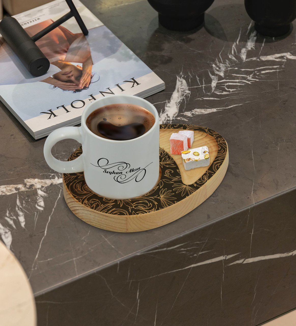 Kişiye Özel Retro Motif Tasarımlı Doğal Ahşap Tabaklı Türk Kahvesi Fincanı Sunum Seti Model 16