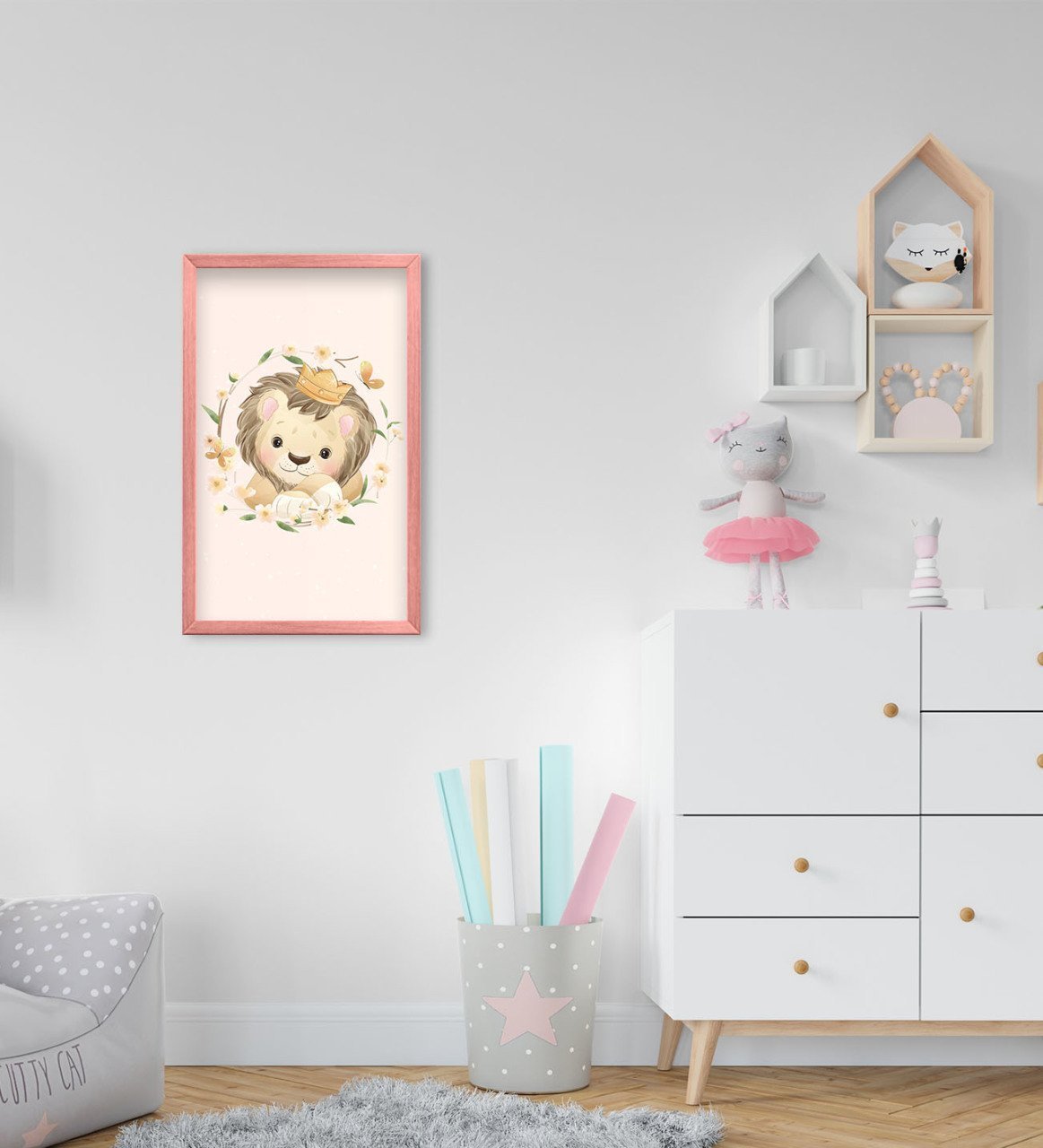 BK Home Sevimli Aslan Tasarımlı Dekoratif Pembe Ahşap Çerçeveli Çocuk Odası Tablo-3