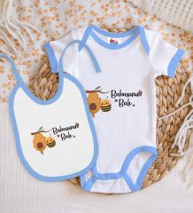 BK Kids Babasının Balı Tasarımlı Mavi Bebek Body Zıbın ve Mama Önlüğü Hediye Seti-1