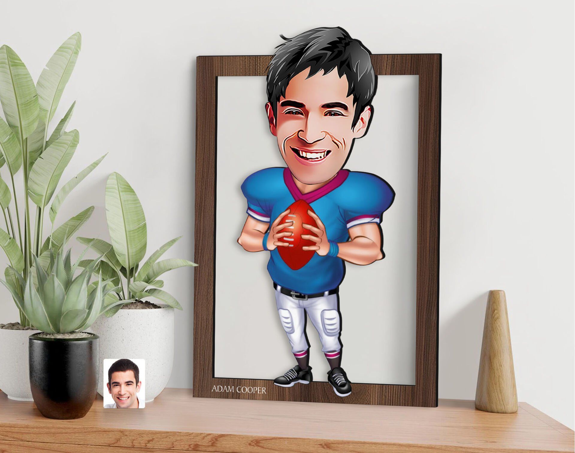 BK Gift Kişiye Özel Amerikan Futbolcusu Karikatürlü 3D Ahşap Tablo-12, Sevgiliye Hediye, Arkadaşa Hediye, Doğum Günü Hediyesi