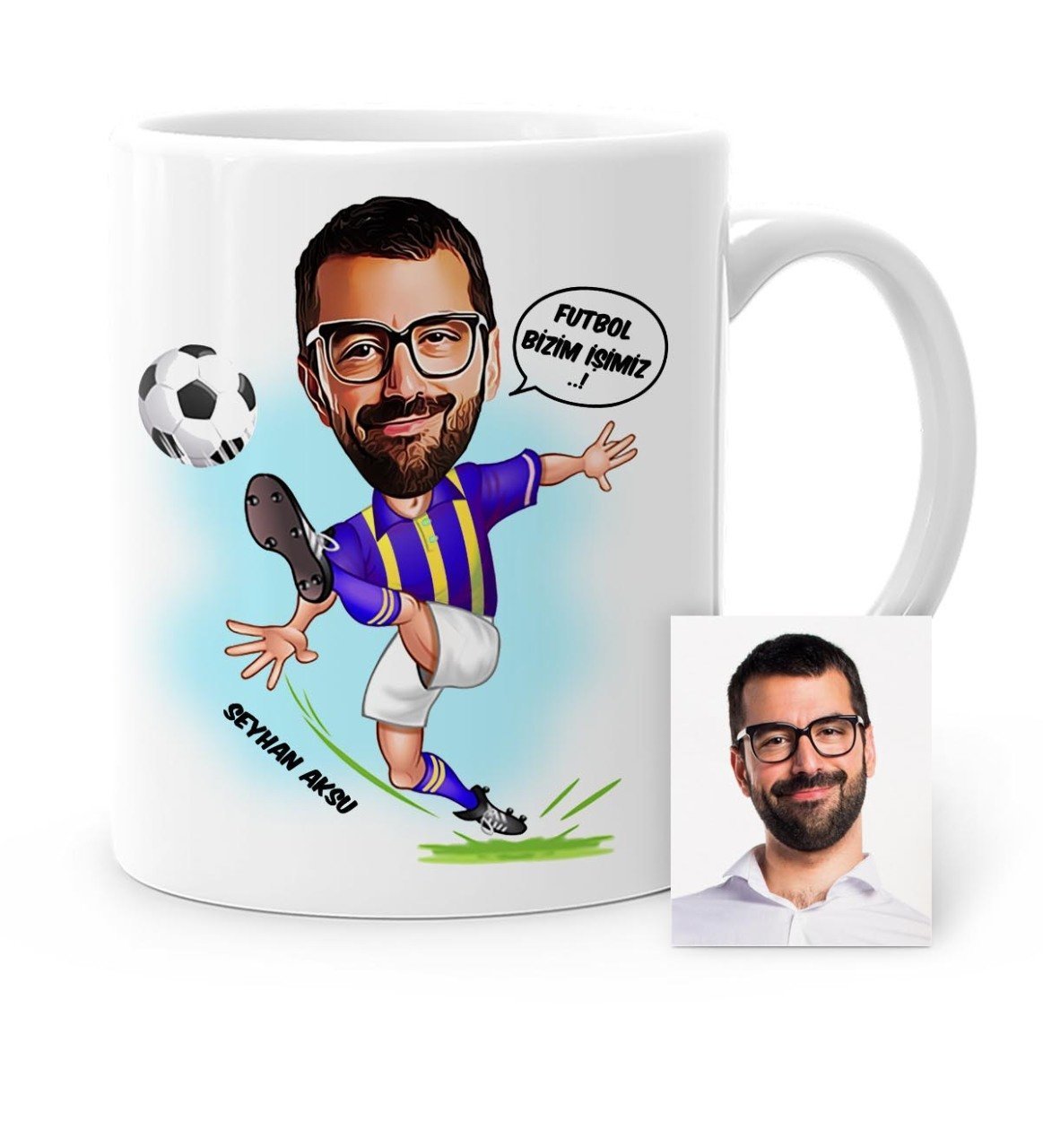 Kişiye Özel Futbolcu Sarı Lacivert Karikatür Beyaz Kupa Bardak - 1