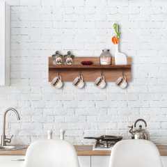 BK Home Doğal Ahşap Raflı Dekoratif Fincan Askılığı