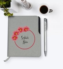 Kişiye Özel İsimli Gri Termo Deri Defter Kalem Seti-6
