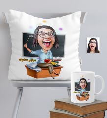 Kişiye Özel Bayan Öğretmen Temalı Karikatürlü Yastık Kupa Seti - 2
