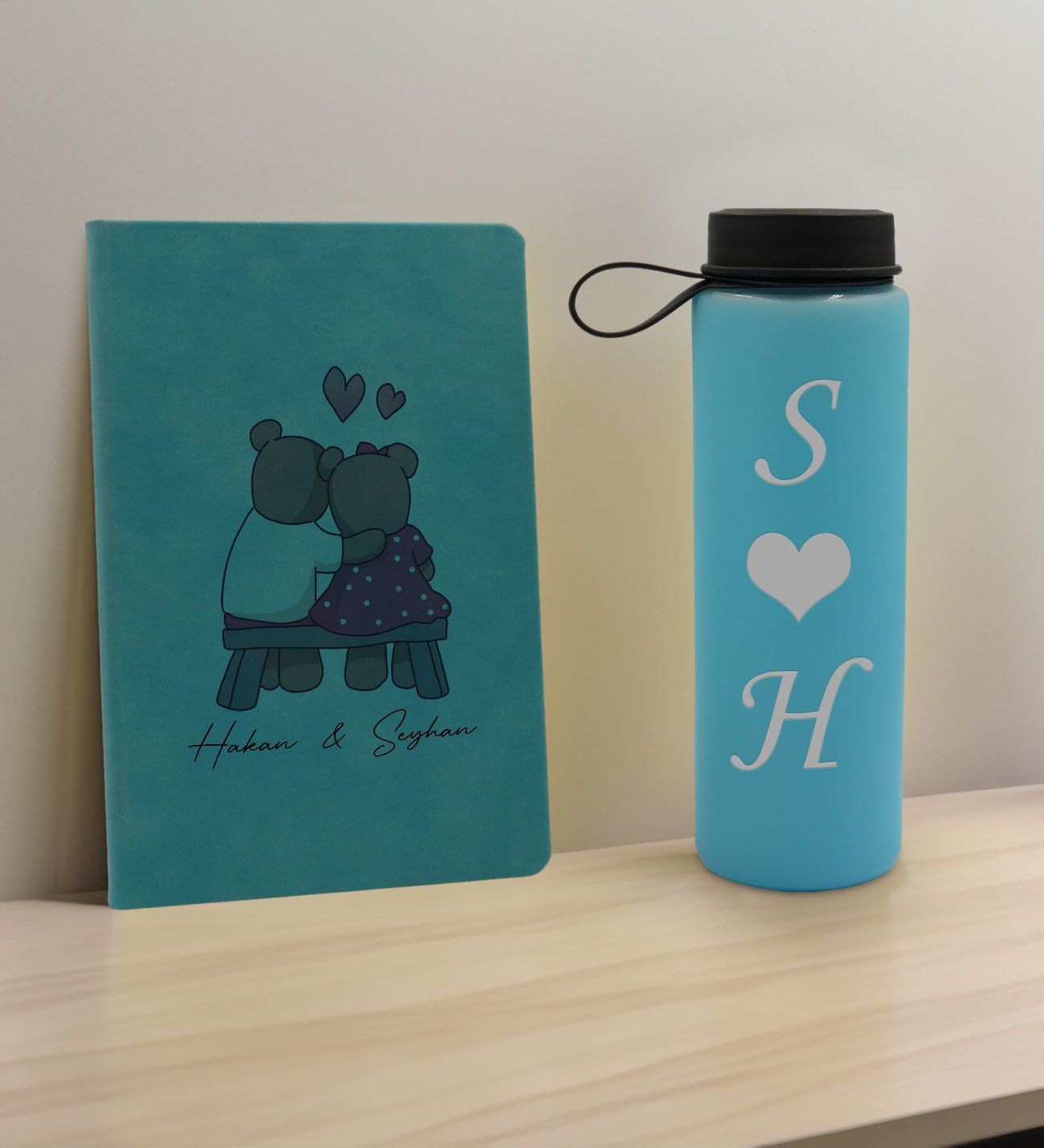 BK Gift Sevgiliye Özel İsimli Turkuaz Defter ve Cam Matara Hediye Seti-3, Sevgiliye Hediye, Sevgililer Günü, Yeni İş Hediyesi