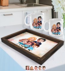 Kişiye Özel Aile Karikatürlü Doğal Ahşap Tepsi ve 2’li Kupa Bardak Seti-7
