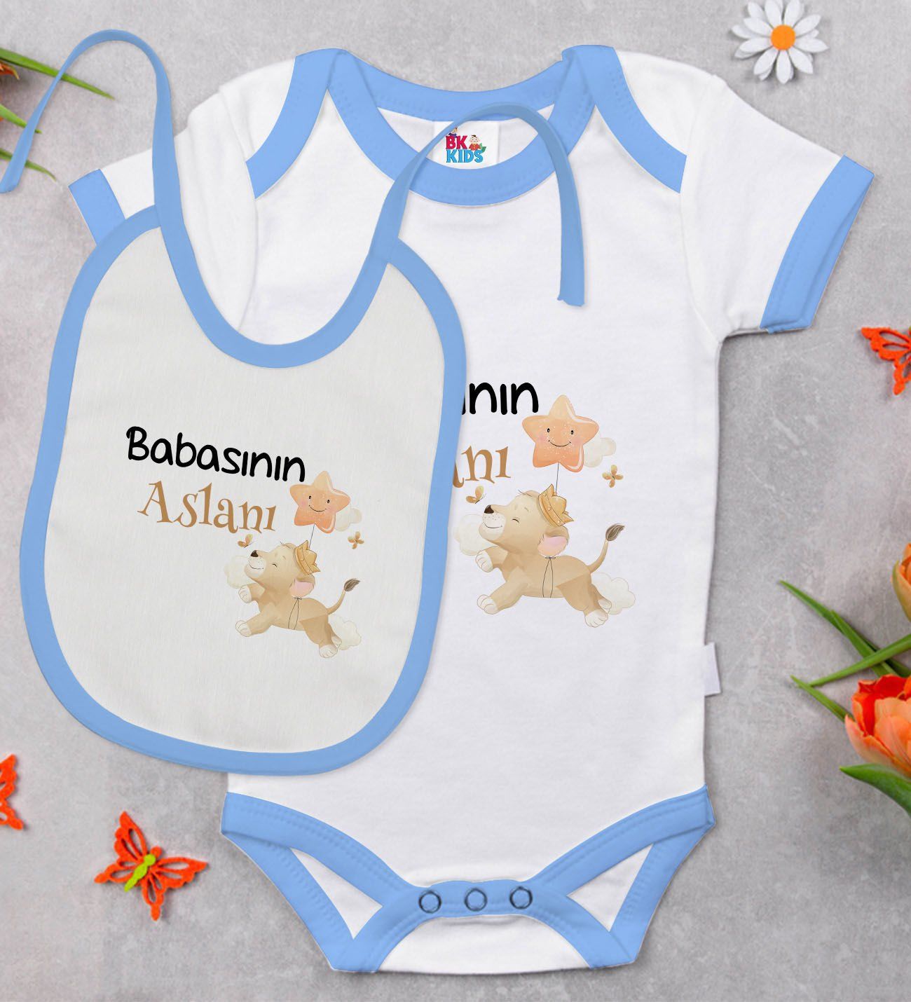 BK Kids Babasının Aslanı Tasarımlı Mavi Bebek Body Zıbın ve Mama Önlüğü Hediye Seti-1
