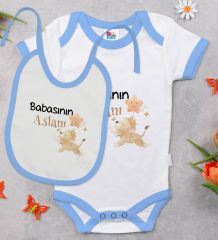 BK Kids Babasının Aslanı Tasarımlı Mavi Bebek Body Zıbın ve Mama Önlüğü Hediye Seti-1