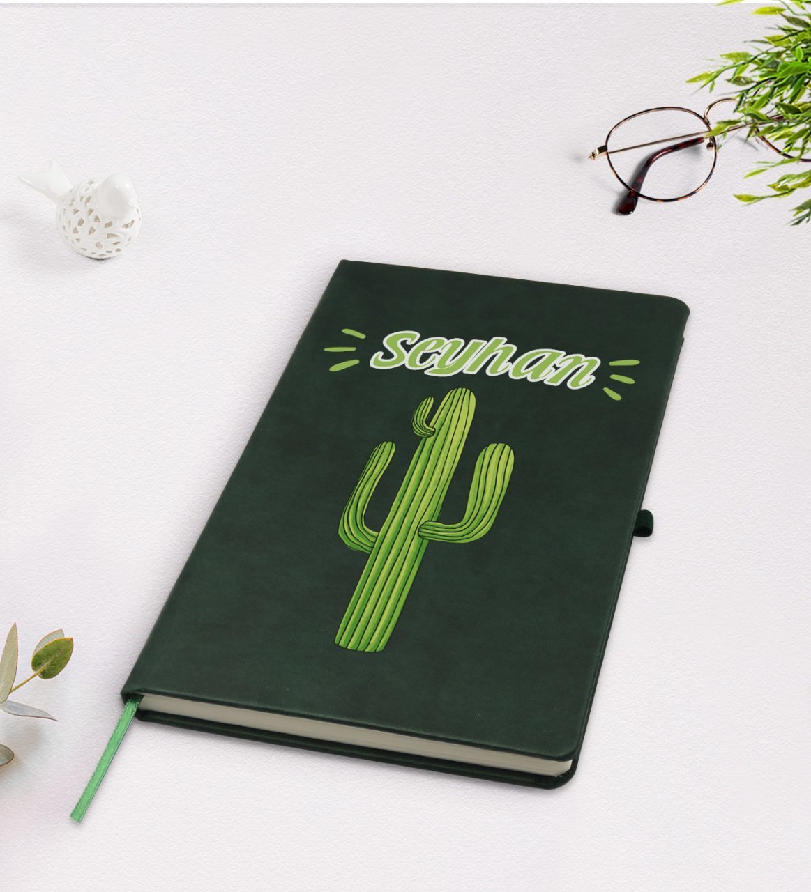 Kişiye Özel Kaktüs Tasarımlı Yeşil Termo Deri Defter Model 1