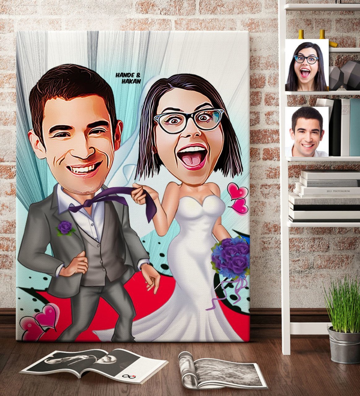 Kişiye Özel Gelin Damat Karikatür Kanvas Tablo (70 x 100 cm.) 6