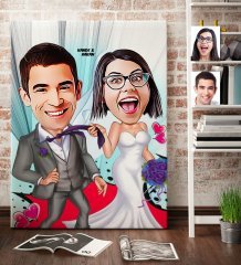 Kişiye Özel Gelin Damat Karikatür Kanvas Tablo (70 x 100 cm.) 6