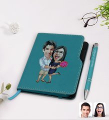 Kişiye Özel Sevgililer Karikatürlü Turkuaz Termo Deri Defter Kalem Seti-108