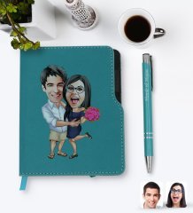 Kişiye Özel Sevgililer Karikatürlü Turkuaz Termo Deri Defter Kalem Seti-108