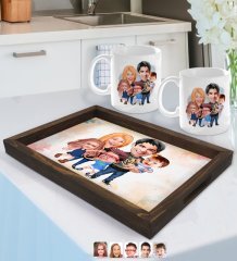 Kişiye Özel Aile Karikatürlü Doğal Ahşap Tepsi ve 2’li Kupa Bardak Seti-6