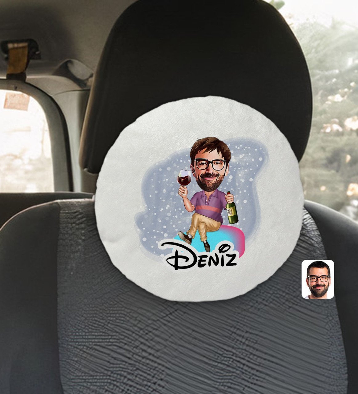 Kişiye Özel İsimli Erkek Karikatürlü Yuvarlak Araç Koltuk Yastığı-2
