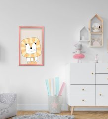 BK Home Sevimli Aslan Tasarımlı Dekoratif Pembe Ahşap Çerçeveli Çocuk Odası Tablo-1