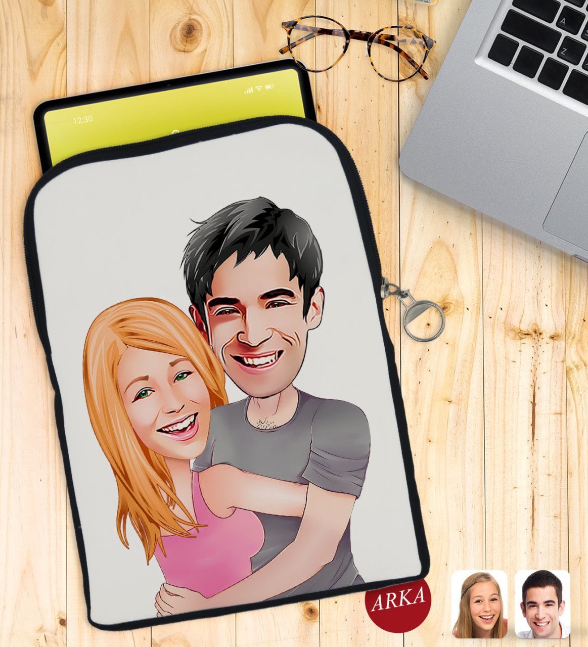 Kişiye Özel Sevgililer Karikatürlü Taşınabilir Koruyucu Tablet Kılıfı & Organizer Çanta - Siyah-86
