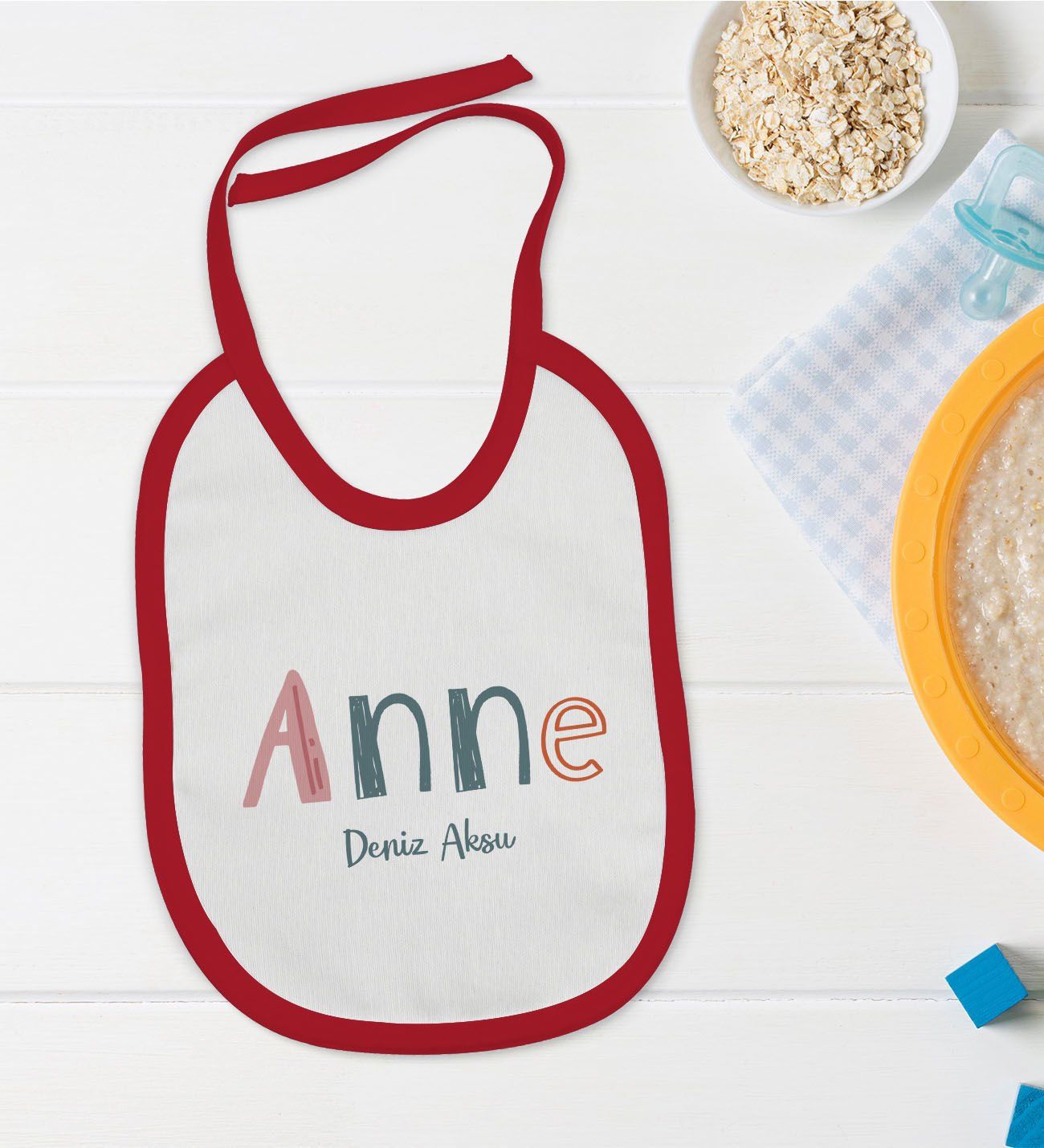 BK Kids Kişiye Özel Anne Tasarımlı Kırmızı Bebek Mama Önlüğü-1
