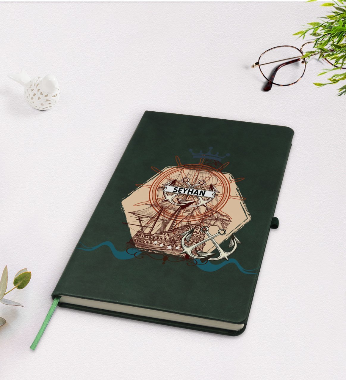 Kişiye Özel Gemi Tasarımlı Yeşil Termo Deri Defter Model 4