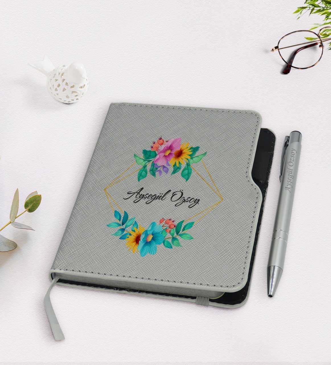 Kişiye Özel İsimli Gri Termo Deri Defter Kalem Seti-4