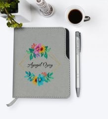 Kişiye Özel İsimli Gri Termo Deri Defter Kalem Seti-4