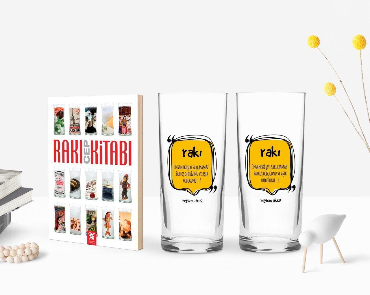 Kişiye Özel Renkli Baskılı İnsan İki Şeyi Saklayamaz Tasarımlı İkili Rakı Bardağı ve Rakı Cep Kitabı Hediye Seti-1