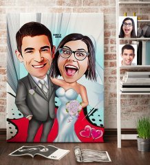 Kişiye Özel Gelin Damat Karikatür Kanvas Tablo (70 x 100 cm.) 5