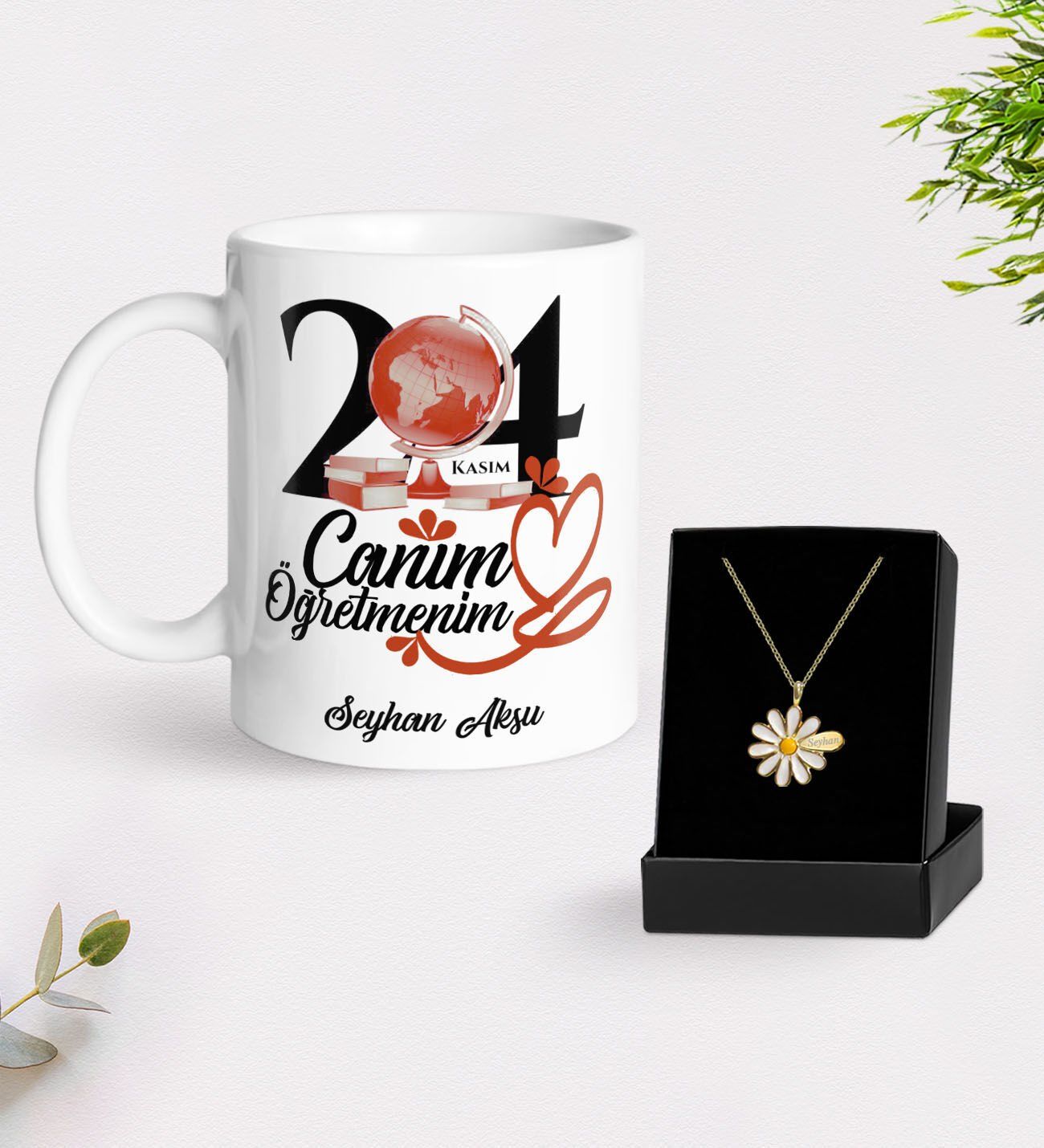 BK Gift Kişiye Özel Öğretmenler Günü Beyaz Kupa ve İsimli Papatya Kolye Hediye Seti- 13, Öğretmene Hediye, Öğretmenler Günü