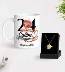 BK Gift Kişiye Özel Öğretmenler Günü Beyaz Kupa ve İsimli Papatya Kolye Hediye Seti- 13, Öğretmene Hediye, Öğretmenler Günü