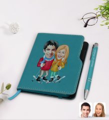 Kişiye Özel Sevgililer Karikatürlü Turkuaz Termo Deri Defter Kalem Seti-107