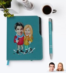 Kişiye Özel Sevgililer Karikatürlü Turkuaz Termo Deri Defter Kalem Seti-107