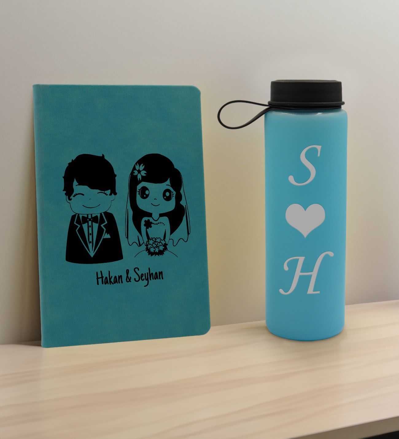 BK Gift Sevgiliye Özel İsimli Turkuaz Defter ve Cam Matara Hediye Seti-1, Sevgiliye Hediye, Sevgililer Günü, Yeni İş Hediyesi
