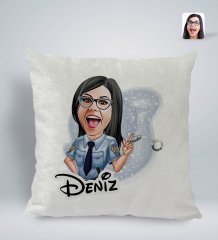 Kişiye Özel İsimli Kadın Polis Karikatürlü Kare Araç Koltuk Yastığı-1