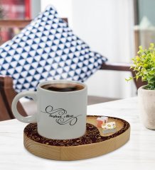 Kişiye Özel Retro Motif Tasarımlı Doğal Ahşap Tabaklı Türk Kahvesi Fincanı Sunum Seti Model 13