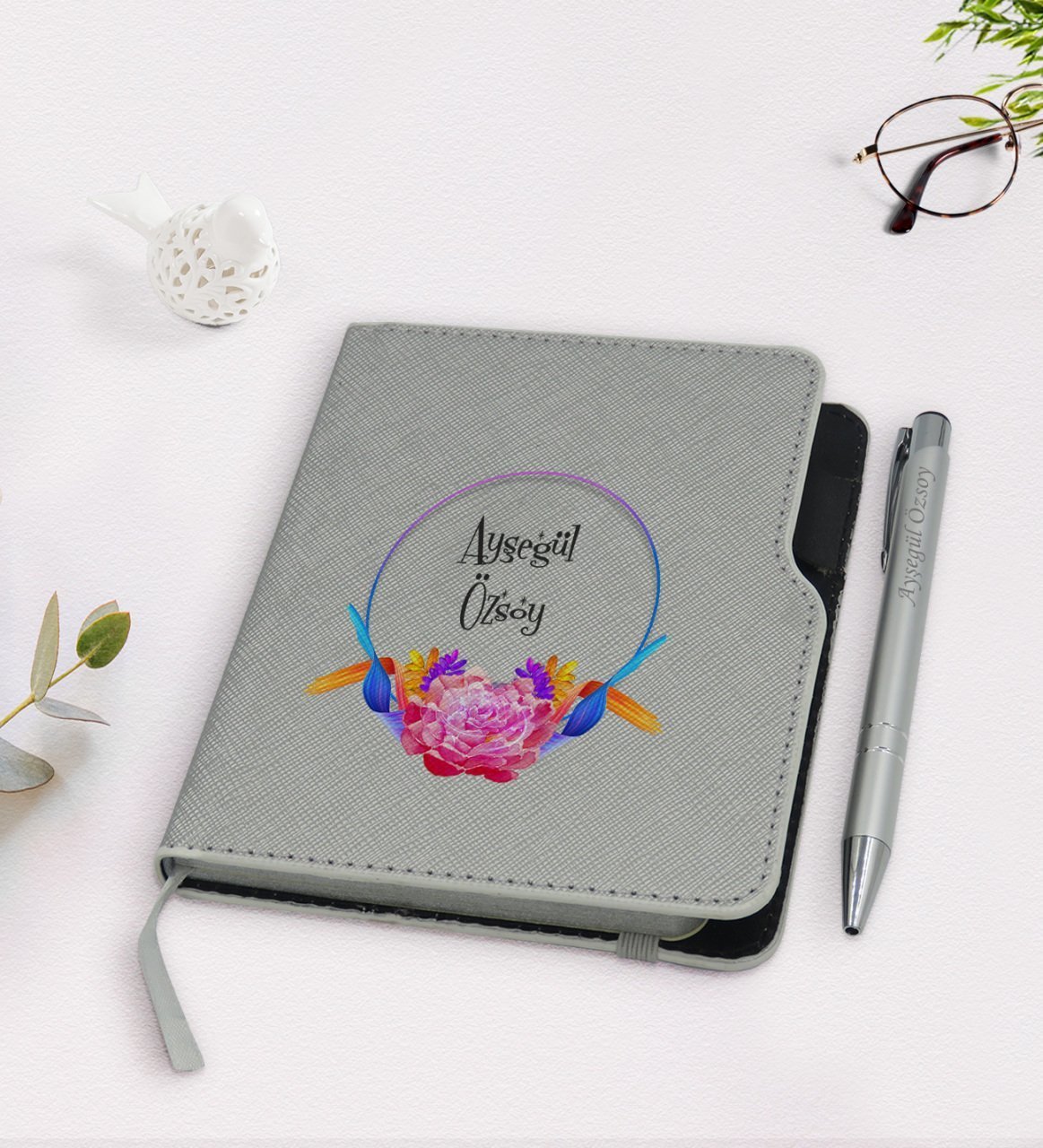 Kişiye Özel İsimli Gri Termo Deri Defter Kalem Seti-3