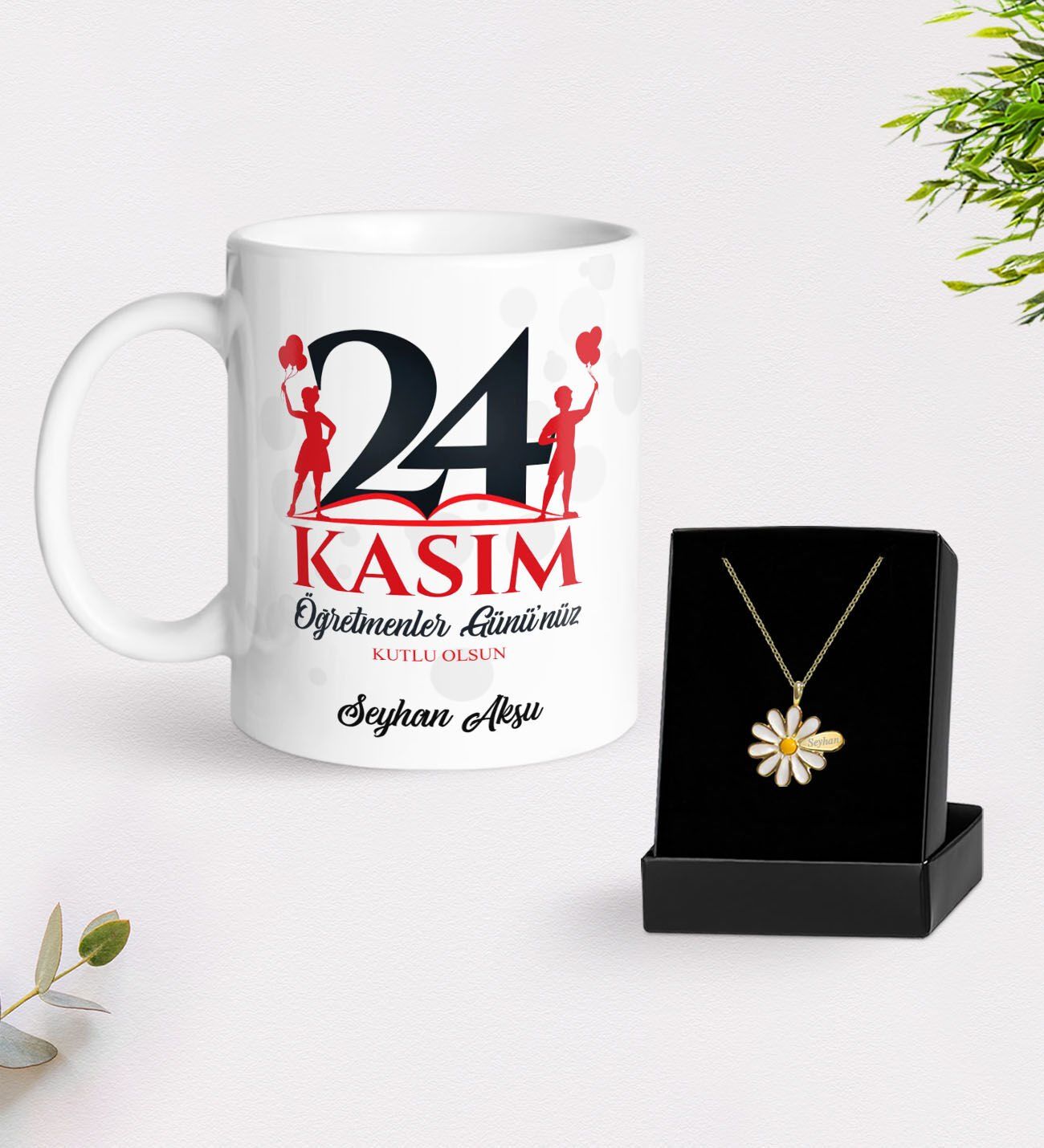 BK Gift Kişiye Özel Öğretmenler Günü Beyaz Kupa ve İsimli Papatya Kolye Hediye Seti- 12, Öğretmene Hediye, Öğretmenler Günü
