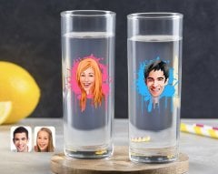 Kişiye Özel Renkli Baskılı Erkek ve Kadın Karikatürlü İkili Vodka Bardağı