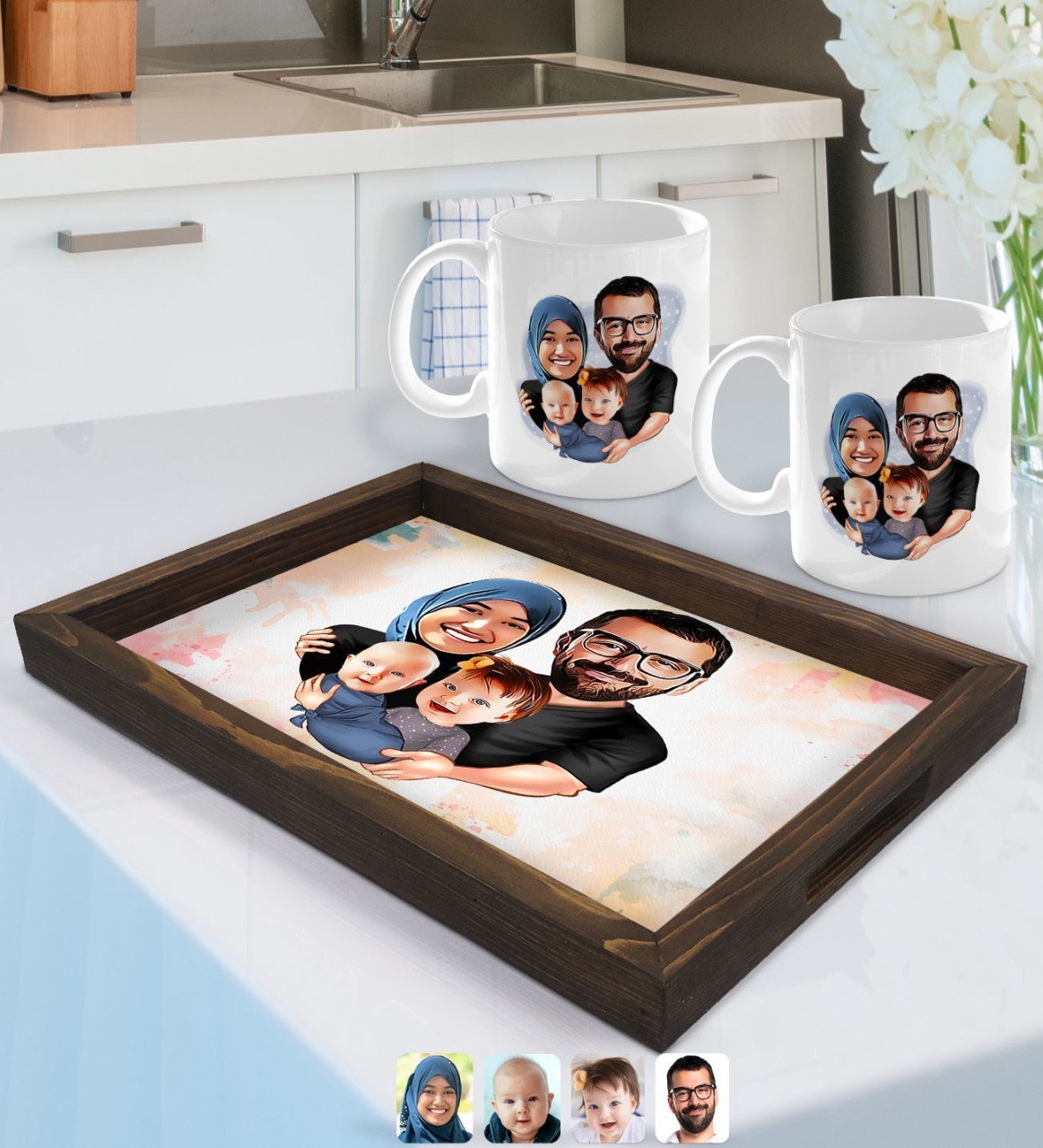 Kişiye Özel Tesettürlü Aile Karikatürlü Doğal Ahşap Tepsi ve 2’li Kupa Bardak Seti-4