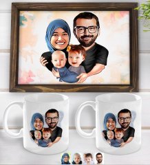 Kişiye Özel Tesettürlü Aile Karikatürlü Doğal Ahşap Tepsi ve 2’li Kupa Bardak Seti-4