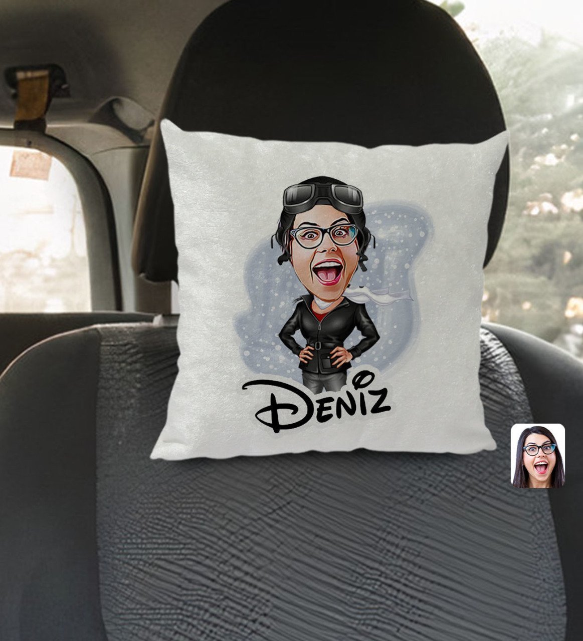 Kişiye Özel İsimli Kadın Pilot Karikatürlü Kare Araç Koltuk Yastığı-1