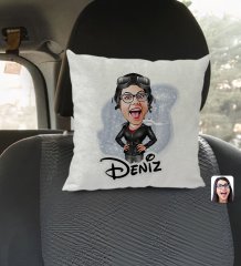 Kişiye Özel İsimli Kadın Pilot Karikatürlü Kare Araç Koltuk Yastığı-1