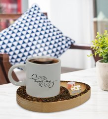 Kişiye Özel Retro Motif Tasarımlı Doğal Ahşap Tabaklı Türk Kahvesi Fincanı Sunum Seti Model 12